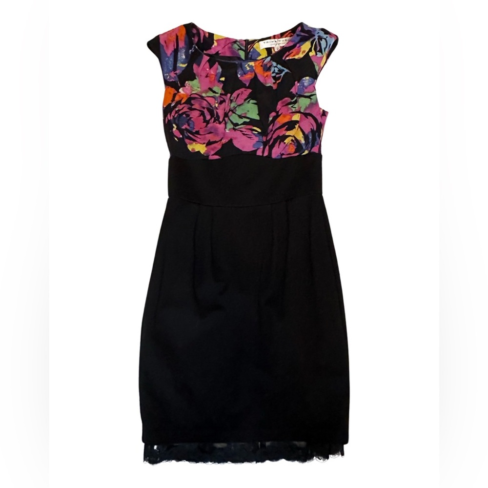 Trina Turk Silk Lace Hem Floral and Black Sheath Dress Cap Sleeve